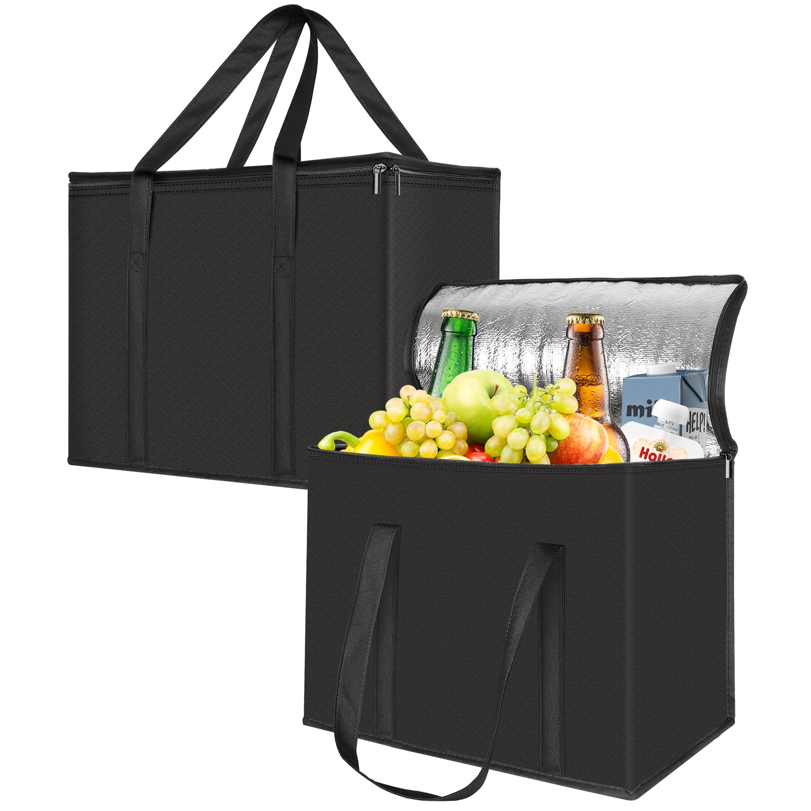 2 Pack Cooler Bag with Base, 35L Large Insulated Thermal Bag for Hot & Cold Food, Reusable Grocery Tote with Zipper, Pizza Delivery/Picnic/Camping/Men/Women