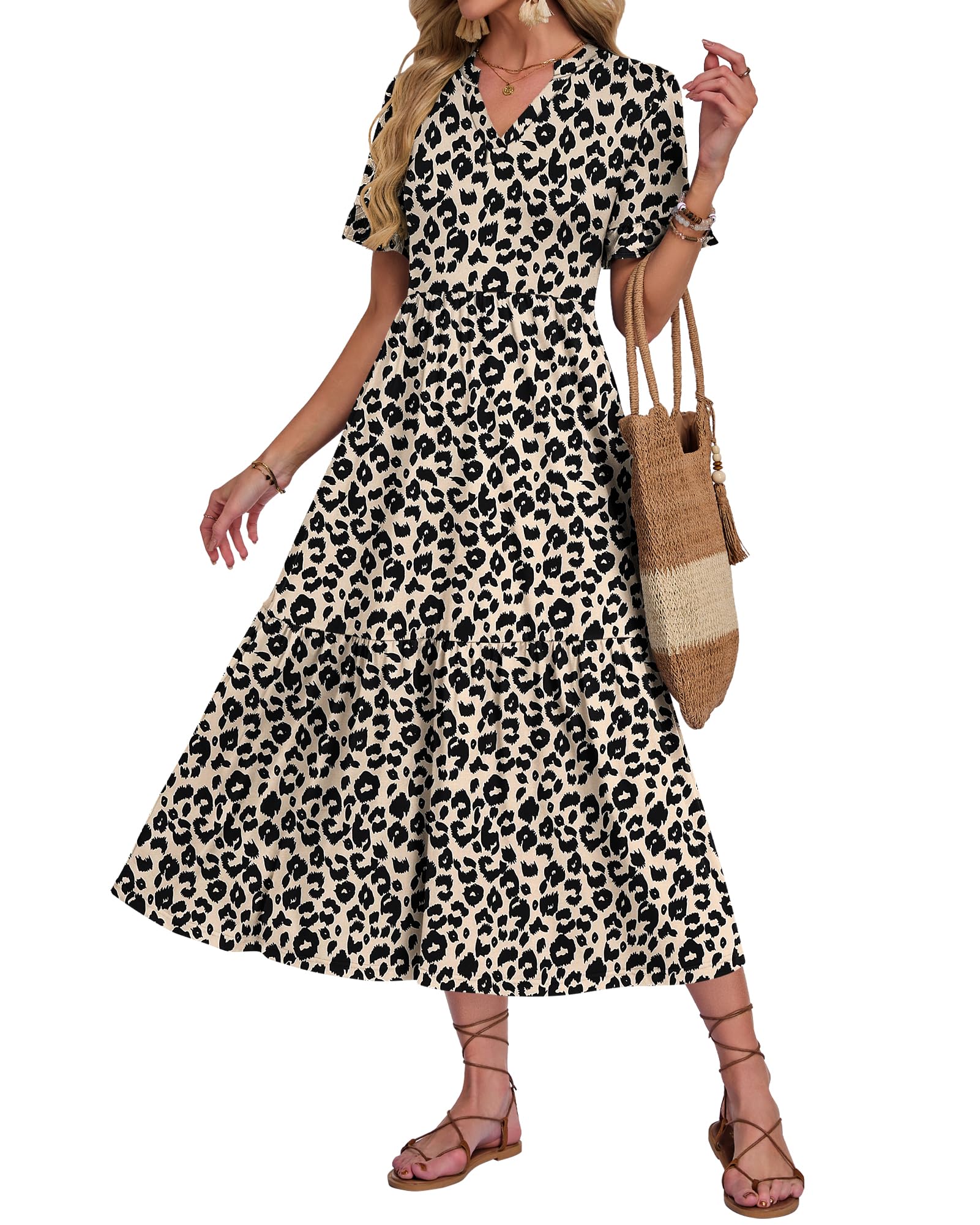AUSELILY Sommerkleider Damen Lang Leicht und Luftig Maxikleider Damen Sommer Rüschen Kurzarm V Ausschnitt Midi Kleider mit Taschen Elastischer Taille Leopard 3XL