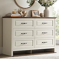 AMADA Farmhouse 6-Drawer Dresser 47.2" Wide Rustic Wood Chest Brown & White Bedroom Storage