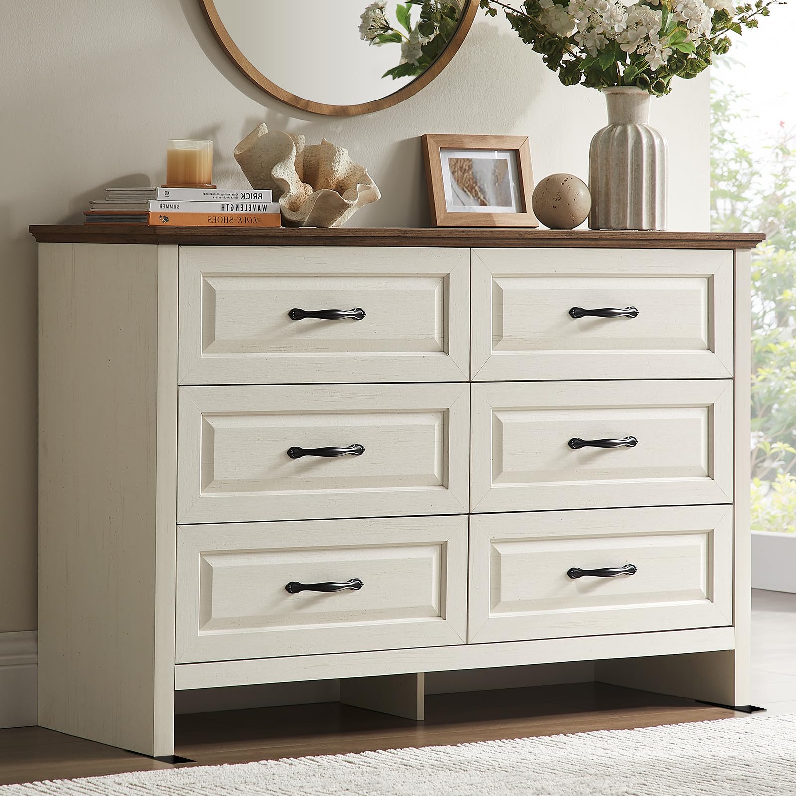 Amazon.com: Amada Farmhouse 6 Drawer Dresser for Bedroom, 47.2 Inch Wide Wood Dresser with Natural Texture, Large Drawers, Rustic Farmhouse Chest of Drawers for Bedroom, Living Room, Hallway, Brown & White : Amazon.com: Amada Farmhouse 6 Drawer Dresser for Bedroom, 47.2 Inch Wide Wood Dresser with Natural Texture, Large Drawers, Rustic Farmhouse Chest of Drawers for Bedroom, Living Room, Hallway, Brown & White :