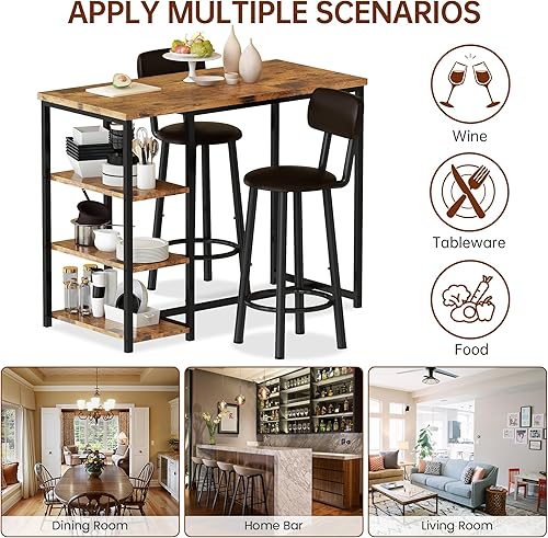 Miniatura 9 de Recaceik Juego de mesa de comedor de bar para 2 personas con 3 estantes de almacenamiento, moderna mesa de bar y sillas con 2 sillas de respaldo