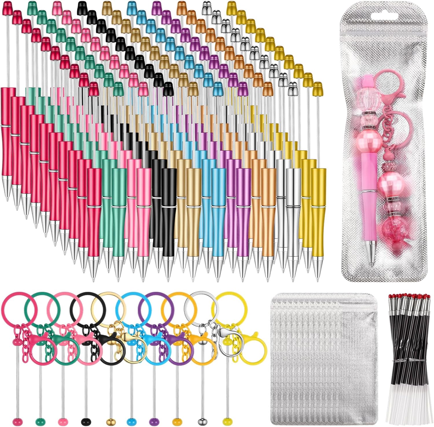 Tenceur 120 Pcs DIY Beadable Pen Beadable Keychain Making Kit with Refills Bags Bead Keychain Bars Beads Not Included School Office Accessories Craft for Gift(Bright Color)