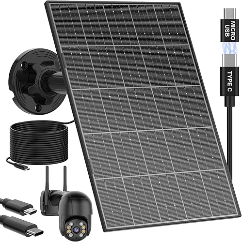 Panel solar de 8 W para cámara de seguridad, panel solar de cámara de seguridad con puerto micro USB y puerto USB-C, resistente al agua IP65 y cable