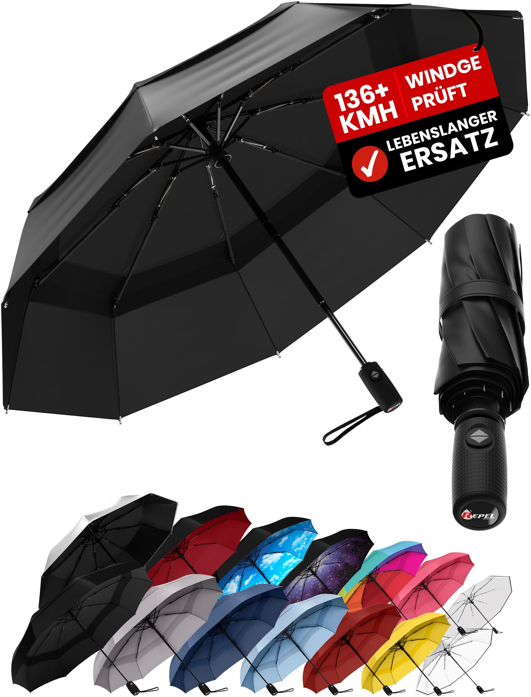 REPEL Windproof Travel Umbrella - Compact & Withstands Winds up to 85MPH , Strongest Premium Auto Folding Umbrella for Rain and Sun - Durable, Light & Portable for Women & Men , Fits Backpack & Cars