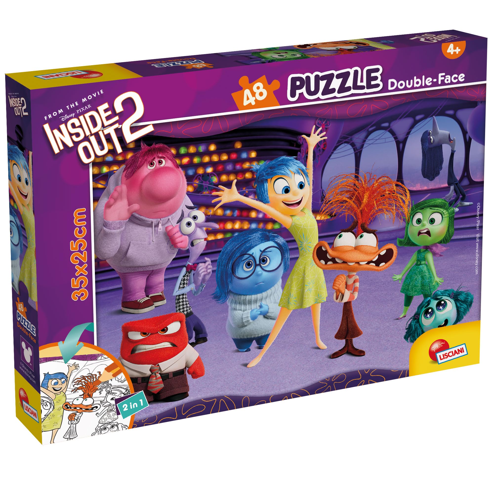 Lisciani - DISNEY INSIDE OUT 2 Puzzle - 48 Piece - for Kids Aged 4 and Up - Double-Sided Maxi Floor Puzzle - 35x25cm - Colorable Backside - Fun Gift Idea - Colouring - 2 in 1