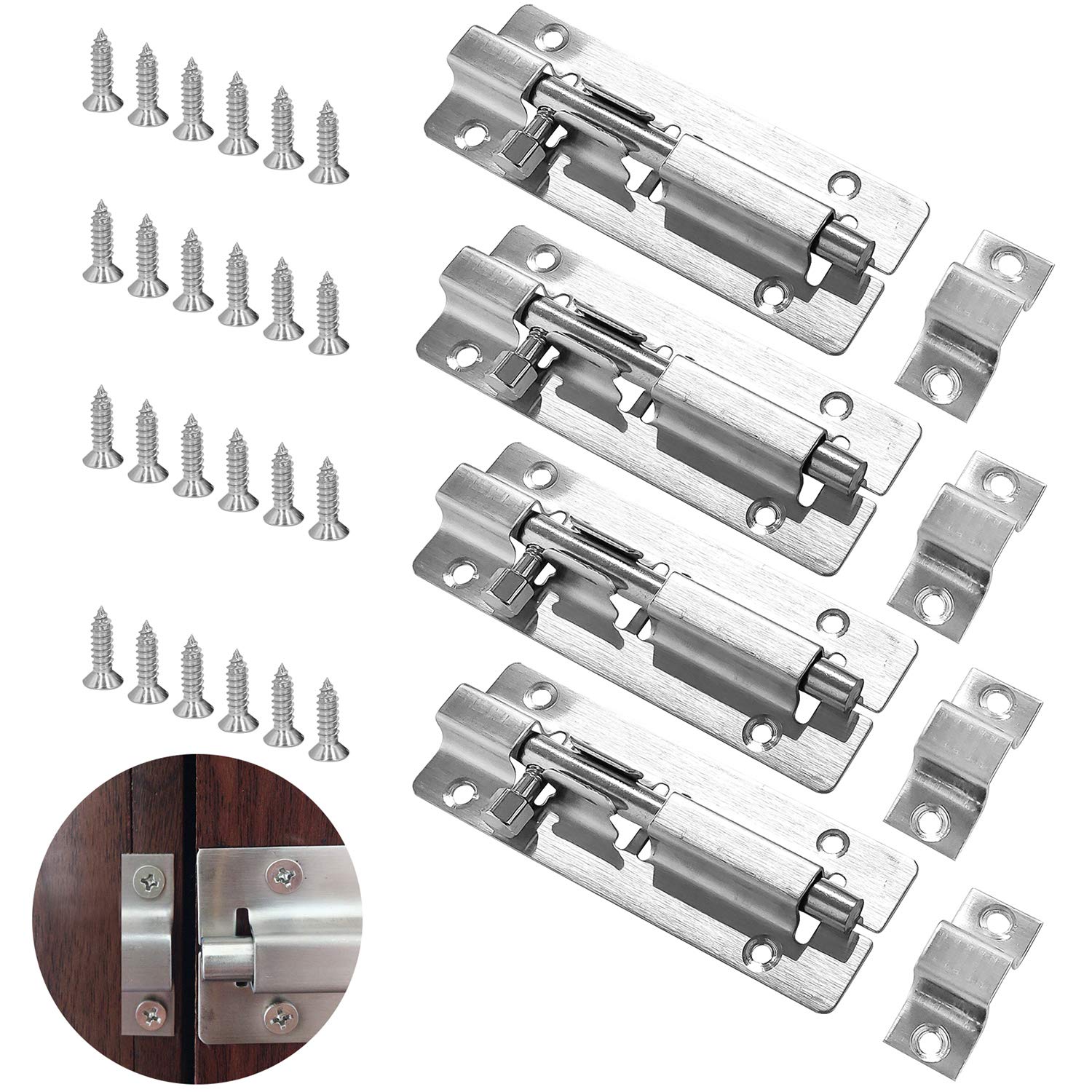 4Pcs Door Latch Sliding Lock, Thickened Stainless Steel Security Gate Bolts, for Bathroom Toilet Gate and Shed Doors