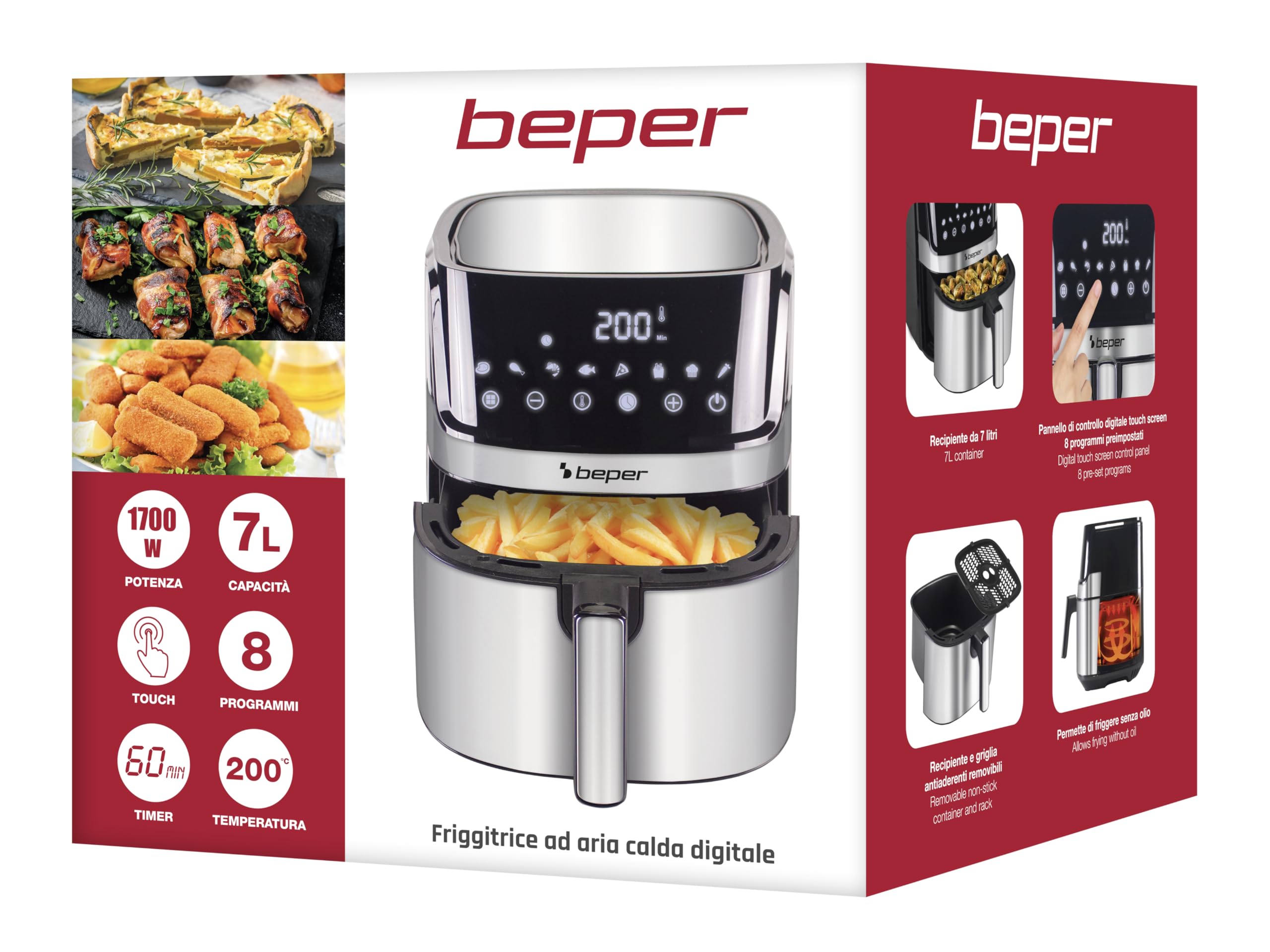 BEPER P101FRI070 Kwadratowa frytkownica na gorące powietrze, cyfrowa frytkownica 7 l, smażenie bez oleju, wyświetlacz dotykowy, 8 programów, regulacja do 200°C, timer 60 minut, automatyczne