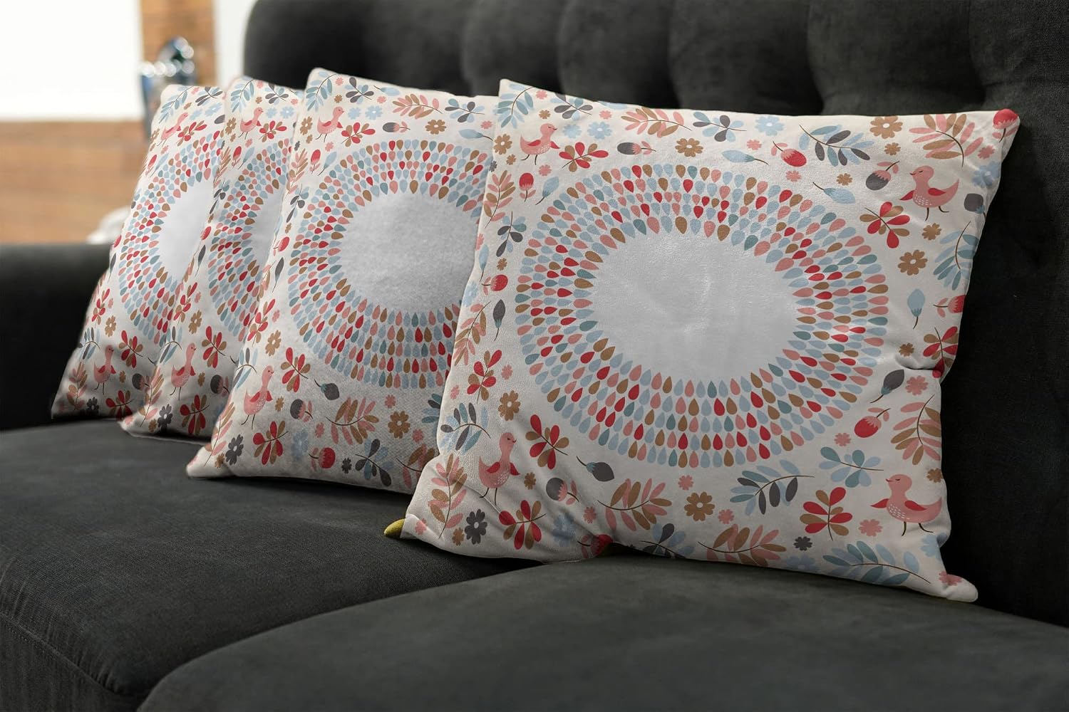 Ambesonne Spring Throw Pillow Cushion Case Pack of 4, Inspired Botanical Pattern with Birds Herbs Flowers and Buds, Modern Accent Double-Sided Digital Printing, 20", Red White