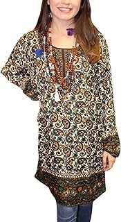 Mogul Interior Womens White Tunic Top Floral Printed Ethnic Bohochic Kurti M