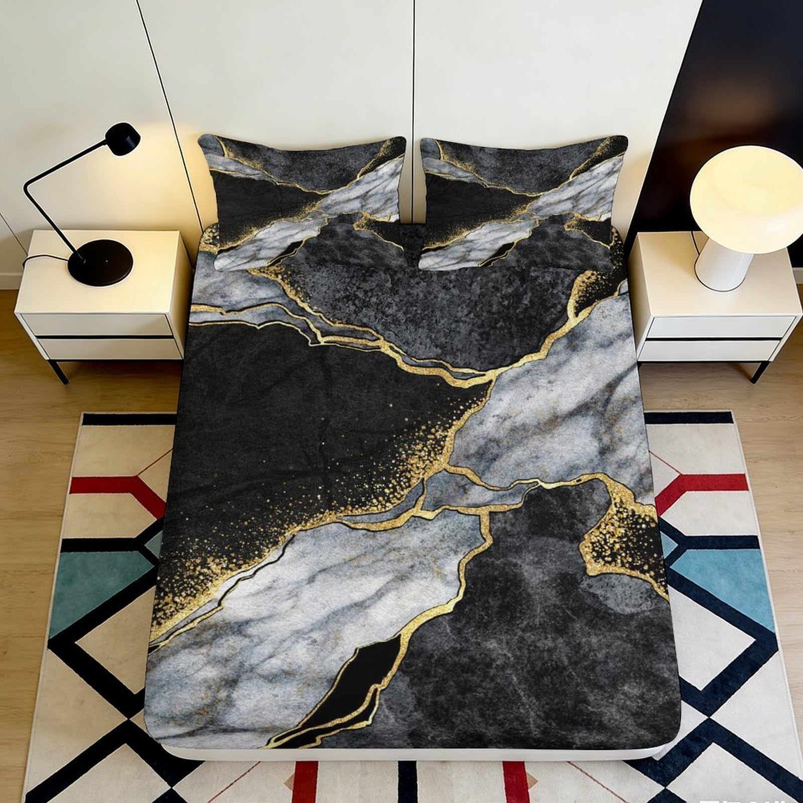 3D Printed Black Marble Fitted Sheet Microfiber Soft Breathable Golden Vein Bed Cover for Bedroom Dormitory Guest Room Mattress Protection Decor 120x200x25cm