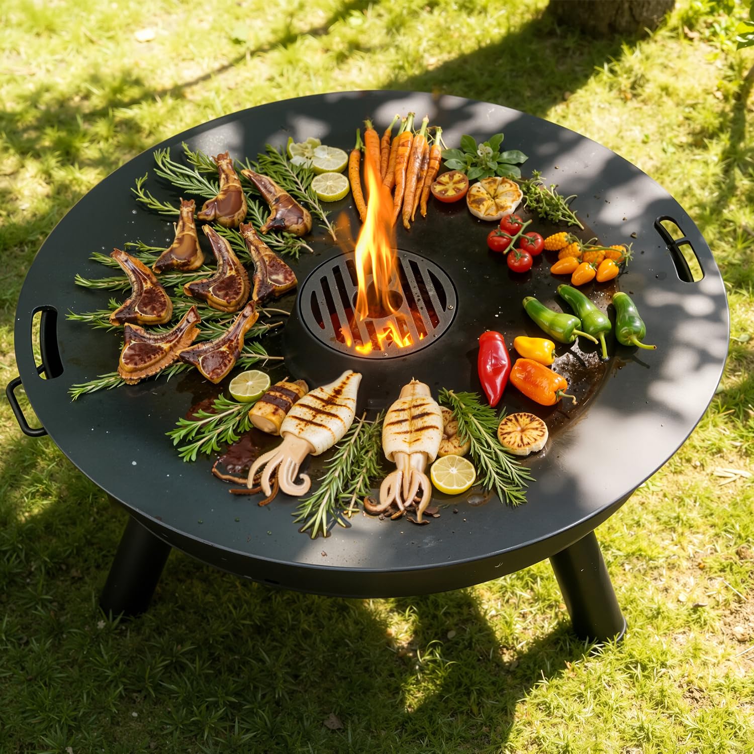 Carbonstahl Feuerplatte Ø 80 cm mit Grilleinsatz und Handschuhen, Grillplatte für Feuertonne und Feuerschale, Plancha Grillring für BBQ und Teppanyaki