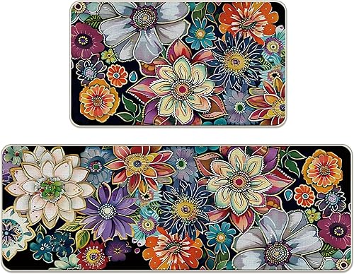 Juego de 2 alfombras de cocina bohemias con flores retro, decoración botánica bohemia para puerta, decoración del hogar, 17 x 29 y 17 x 47 pulgadas