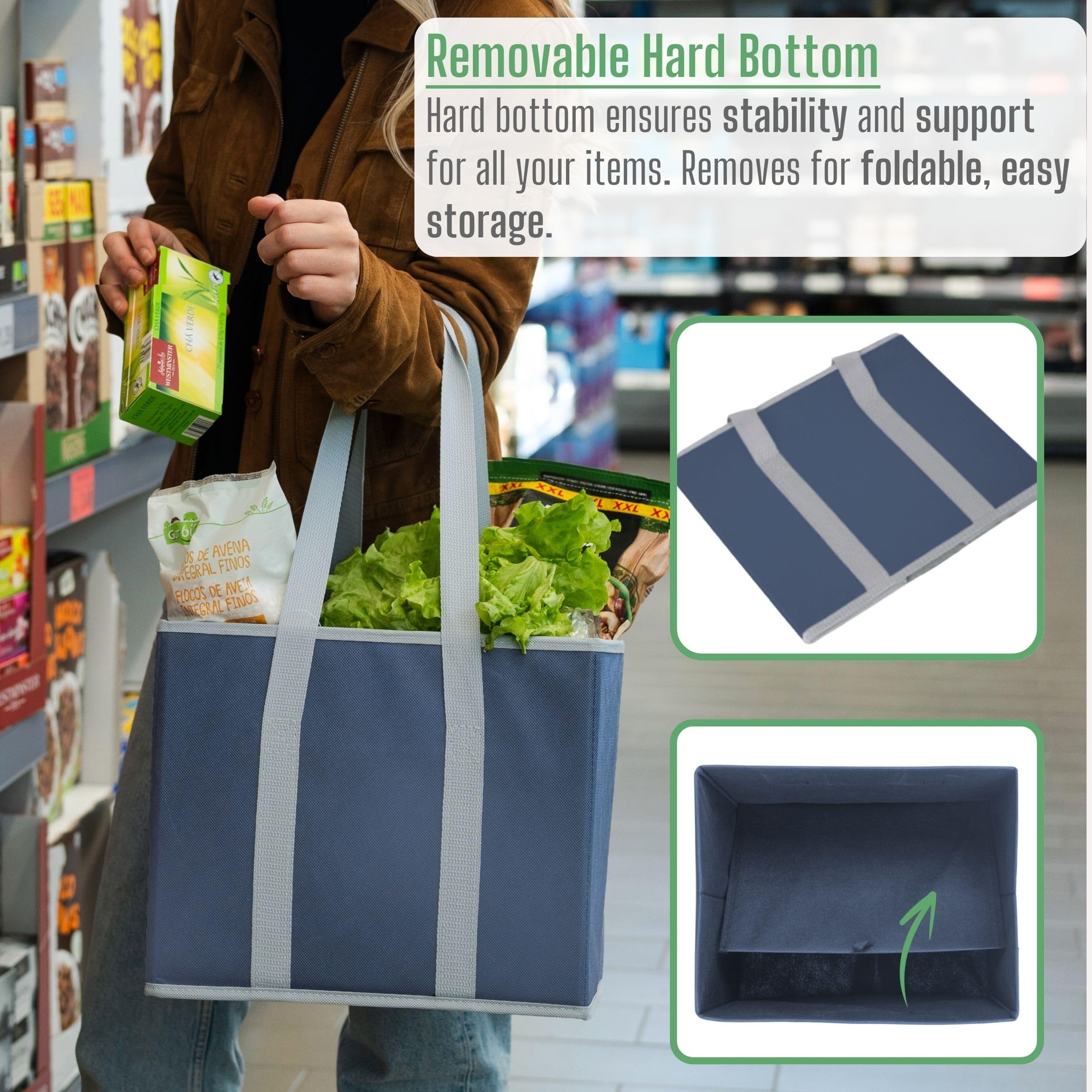 VENO 3 Pack Reusable Grocery Bags, Shopping Bags for groceries Utility Tote with Handles and Hard Bottom - Image 3