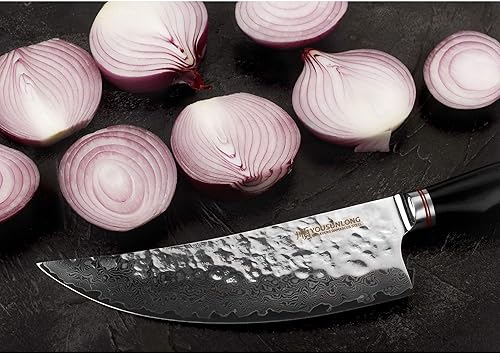 Miniatura 5 de YOUSUNLONG Cuchillo de carnicero de 8 pulgadas – Cortadores de carne japoneses martillados de acero inoxidable Damasco mango de madera de plomo