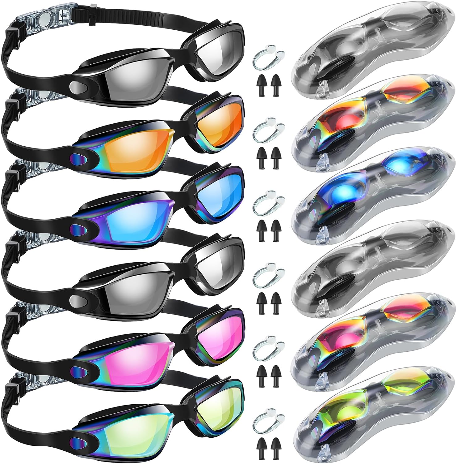 Macarrie 6 Pack Men Swimming Goggles No Leaking Anti Fog UV Protection Swim Glasses with Earplugs Nose Clip Summer Goggle Gift for Mother's Day Father's Day Men Women Youth Adult