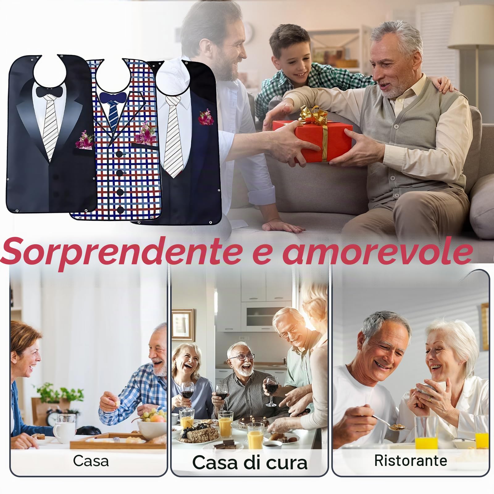 3 Bavaglio per Adulti, Bavaglini per Anziani, Riutilizzabile, con Bottoni a Pressione Antimacchia, per Uomini, Donne, Anziani e Disabili