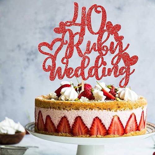 Miniatura 6 de 1 pieza de decoración de pastel de boda de 40 rubíes con corazón rojo con purpurina roja para 40 aniversario de boda, decoración de pastel de