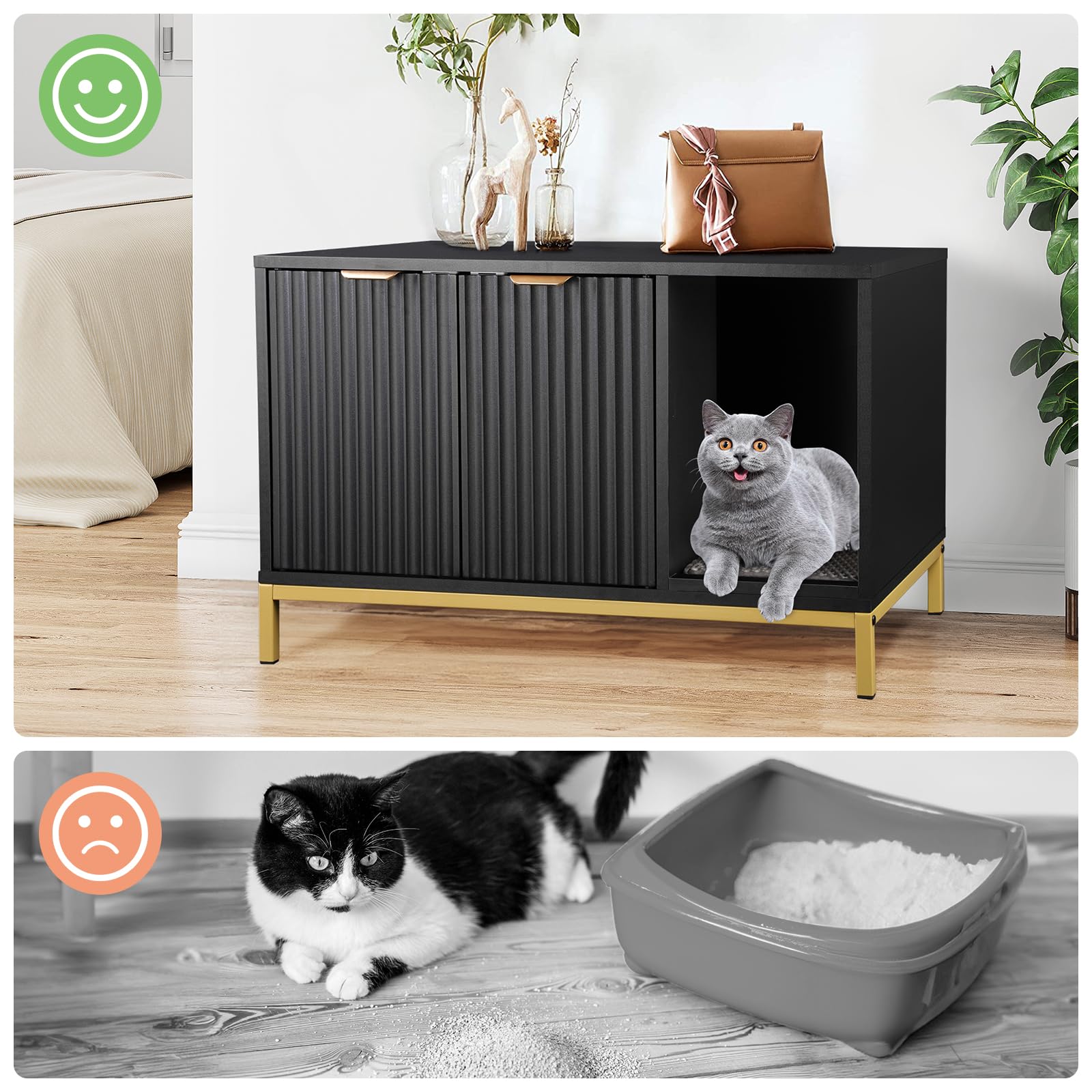 Cat Litter Box Enclosure, Hidden Litter Box Furniture with Metal Legs, Side End Table Indoor Cat House Storage Cabinet 31.5 x 19.7 x 20 Inches (Black + Gold)