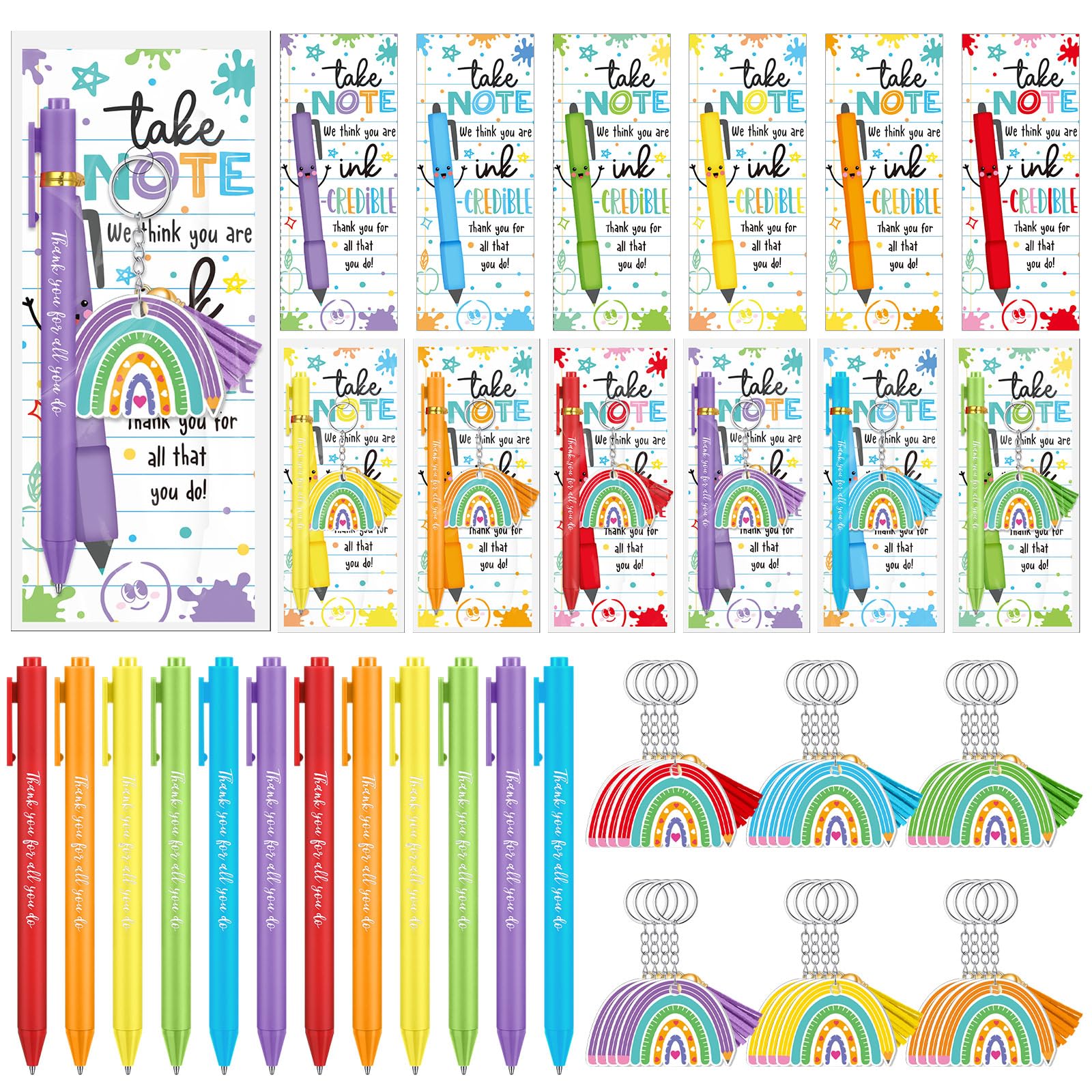 72 Pcs Teacher Appreciation Gifts Bulk End of the Year Teacher Gifts with Acrylic Rainbow Keychain Ballpoint Pen Thank You Cards for Teachers Office