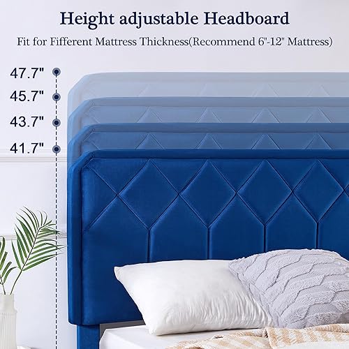 Miniatura 13 de VECELO Base de cama de tamaño matrimonial con plataforma tapizada de terciopelo de alta calidad con cabecera ajustable en altura / base de colchón,