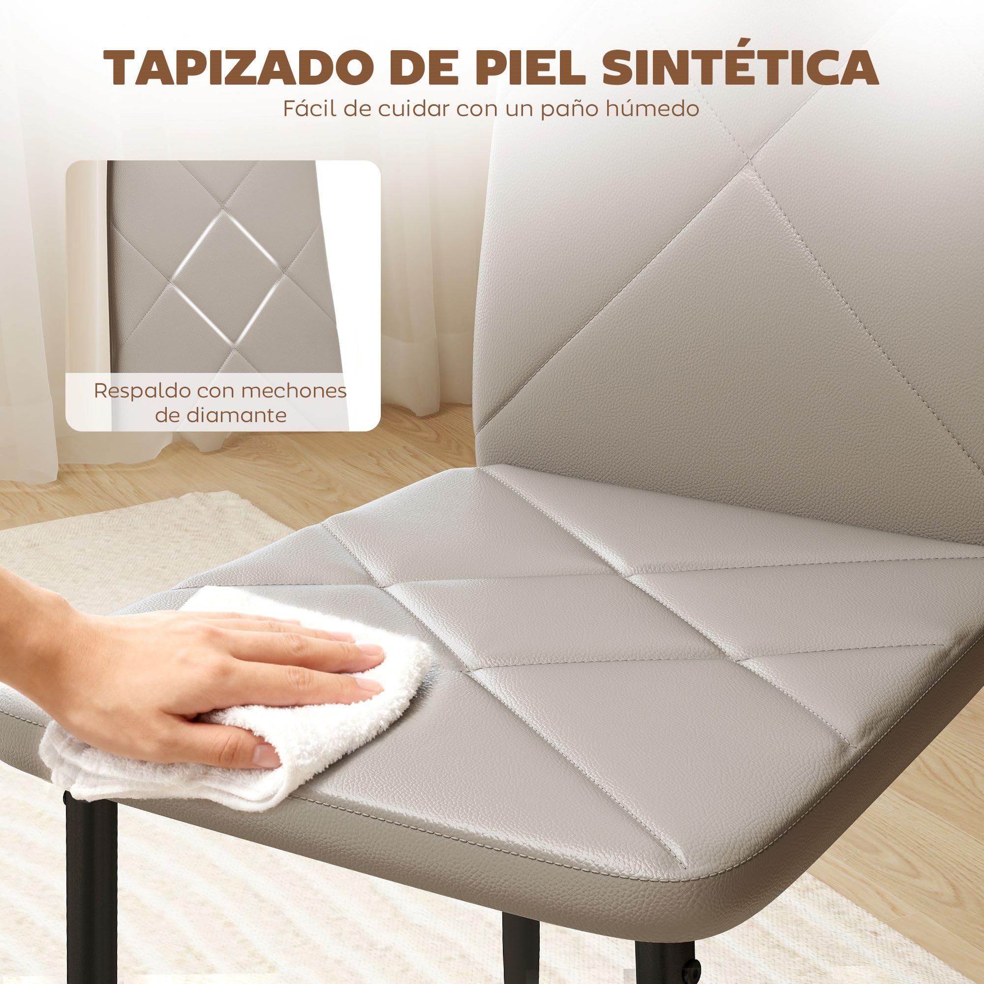 HOMCOM Pack de 4 Sillas de Comedor, Sillas de Cocina Modernas, Tapizadas de Cuero Sintética, Respaldo Alto, Asiento Acolchado, Patas de Acero, Gris