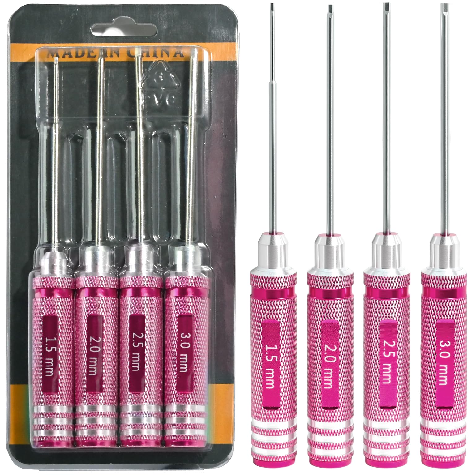4pcs 1.5 2.0 2.5 3.0mm Hex Key Driver Set Hex Allen Screwdriver Kit, Aluminum Allen Wrench Set Screw Driver RC Tool Kit For Rc Car Drone Multi-Axis FPV Racing Helicopter Models Phone Electronic Pink