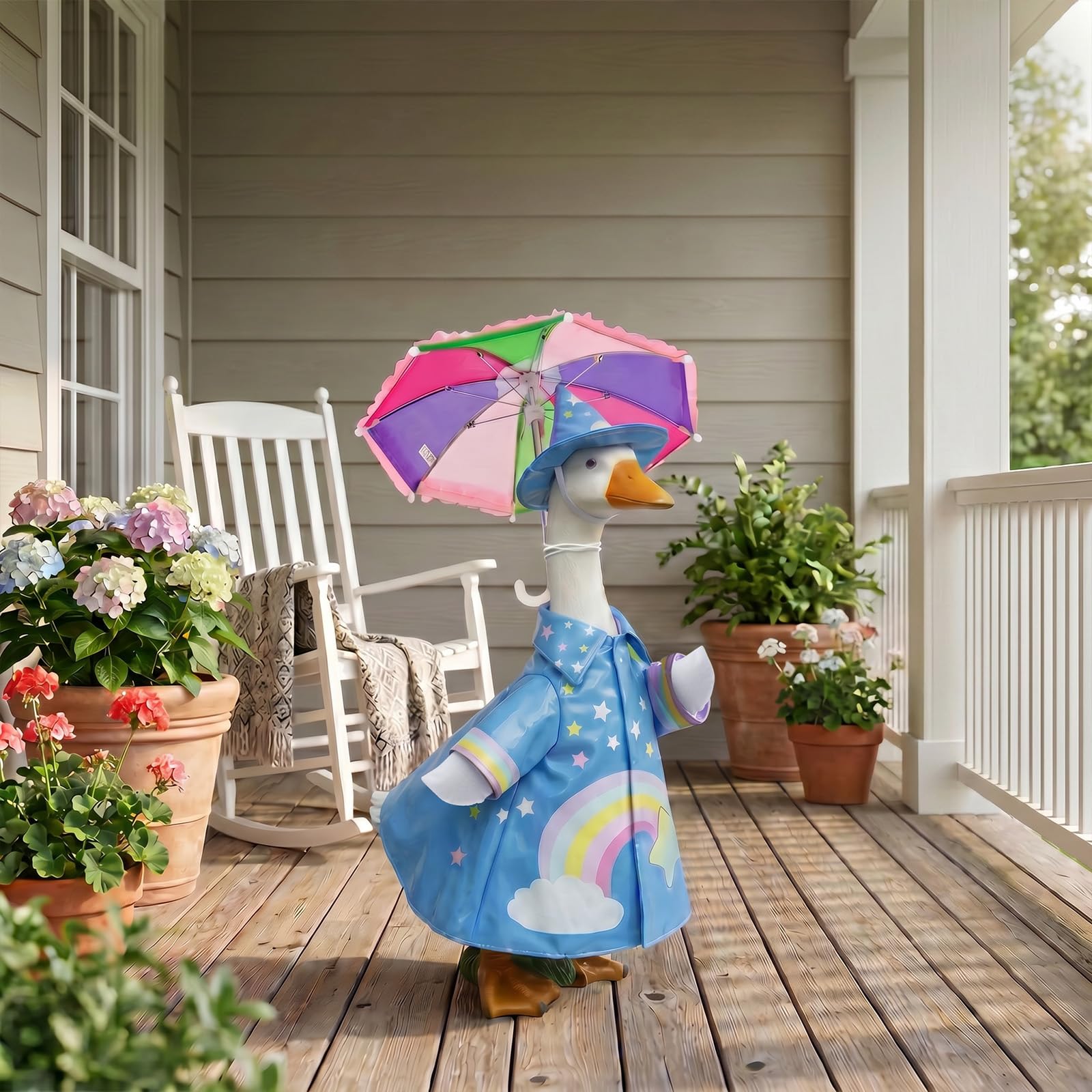 NZWBSHSSP 3 Pcs Porch Goose Outfits Raincoat Set - Summer Lawn Goose Clothes with Umbrella & Hat for 23" Concrete or Plastic Gooses Statue, Outside Yard Patio Garden Decor(Blue)