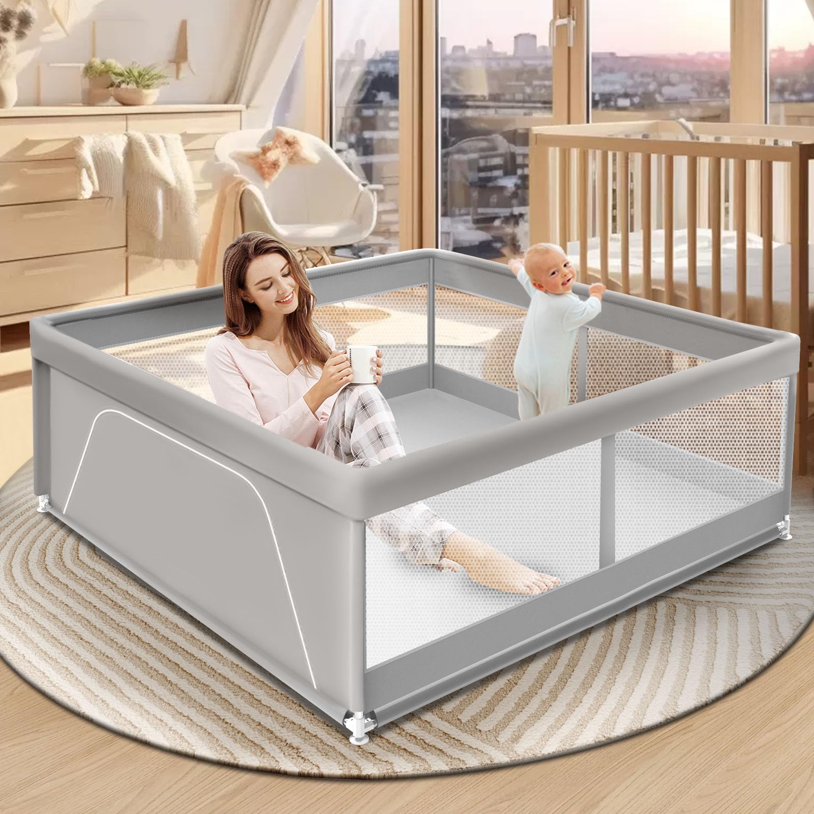 Baby Playpen 42 x 42 Inch Play Pen Playards, Playpen for Babies and Toddlers, Baby Playard for Indoor & Outdoor Active Center Game Fence, with Skin-Friendly Fabric and Soft Breathable Mesh Grey