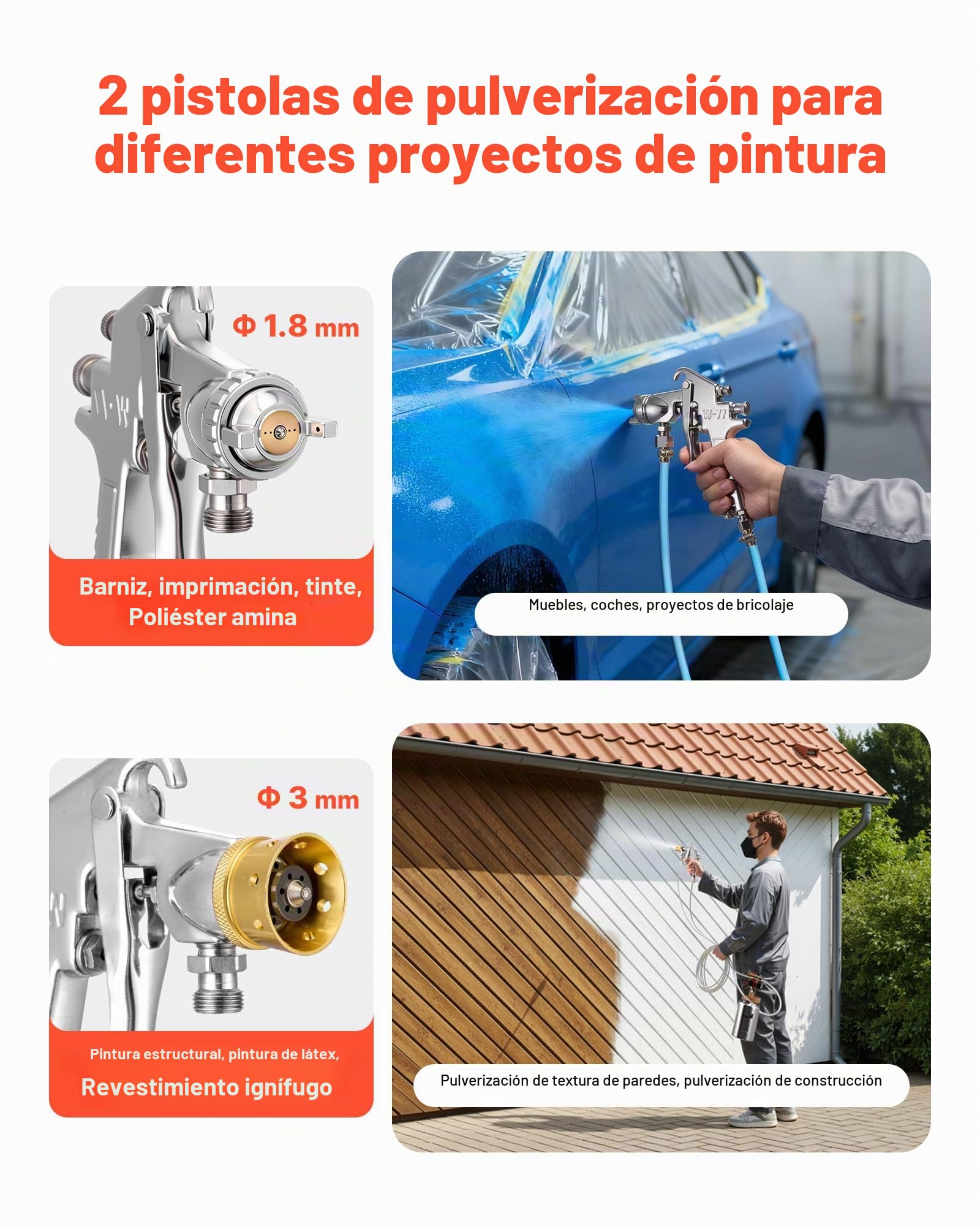VEVOR Tanque de Presión para Pintura en Aerosol, 2 L, con 2 Pistolas de Pulverización φ1,8 mm + φ3 mm y 2 Mangueras 3 m para Proyectos de Bricolaje y Creación de Arte, 385 x 126 x 126 mm, Plata
