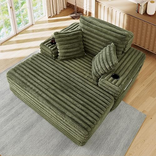 5-In-1 Oversized Chaise Lounge Chair Indoor with Ottoman,54.5"W Faux Fur Convertible Folding Sleeper Sofa Bed with Cup Holder&Side Pocket,Comfy Boneless Couch Sofa Chair for Living Room,Bedroom(Green)