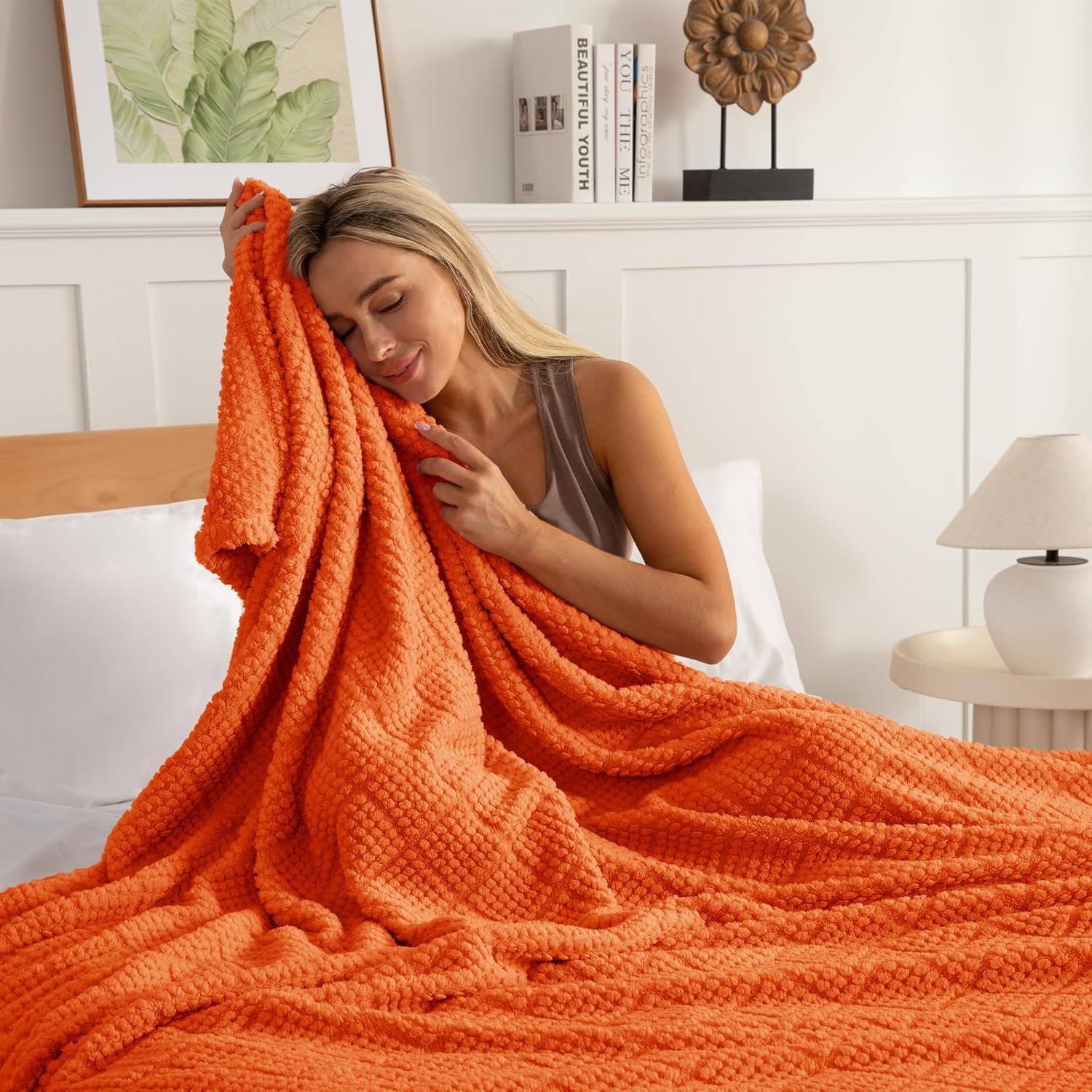 Whale Flotilla Fuzzy Fleece Throw Blanket for Couch, Bed, Soft Fluffy Jacquard Waffle Blankets for All Season, Lightweight and Warm, 50x60 Inch, Burnt Orange - Image 3