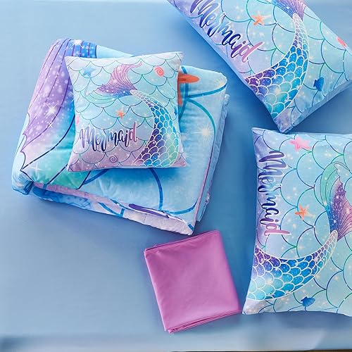 Miniatura 6 de URBONUR Juego de edredón de cola de sirena para niñas, tamaño individual, juego de ropa de cama de escamas de peces para niña, 6 piezas, ropa de