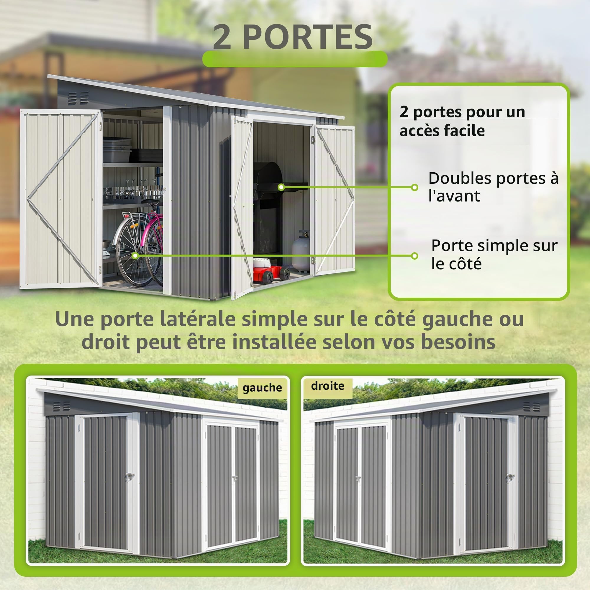 Abri de jardin en acier galvanisé avec double porte et porte latérale, résistant aux intempéries, avec kit de sol et serrure verrouillable, environ 262 x 180 x 201 cm