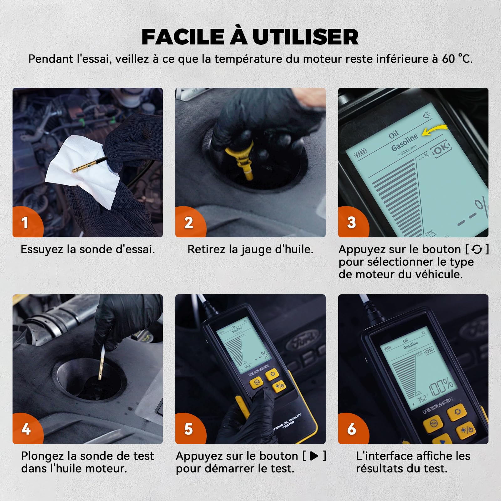 Testeur d'huile Moteur, Testeur de Qualité d'huile Moteur Essence et Diesel, Sonde Haute Précision, écran Rétroéclairé de 2,8 Pouces, Alertes Sonores