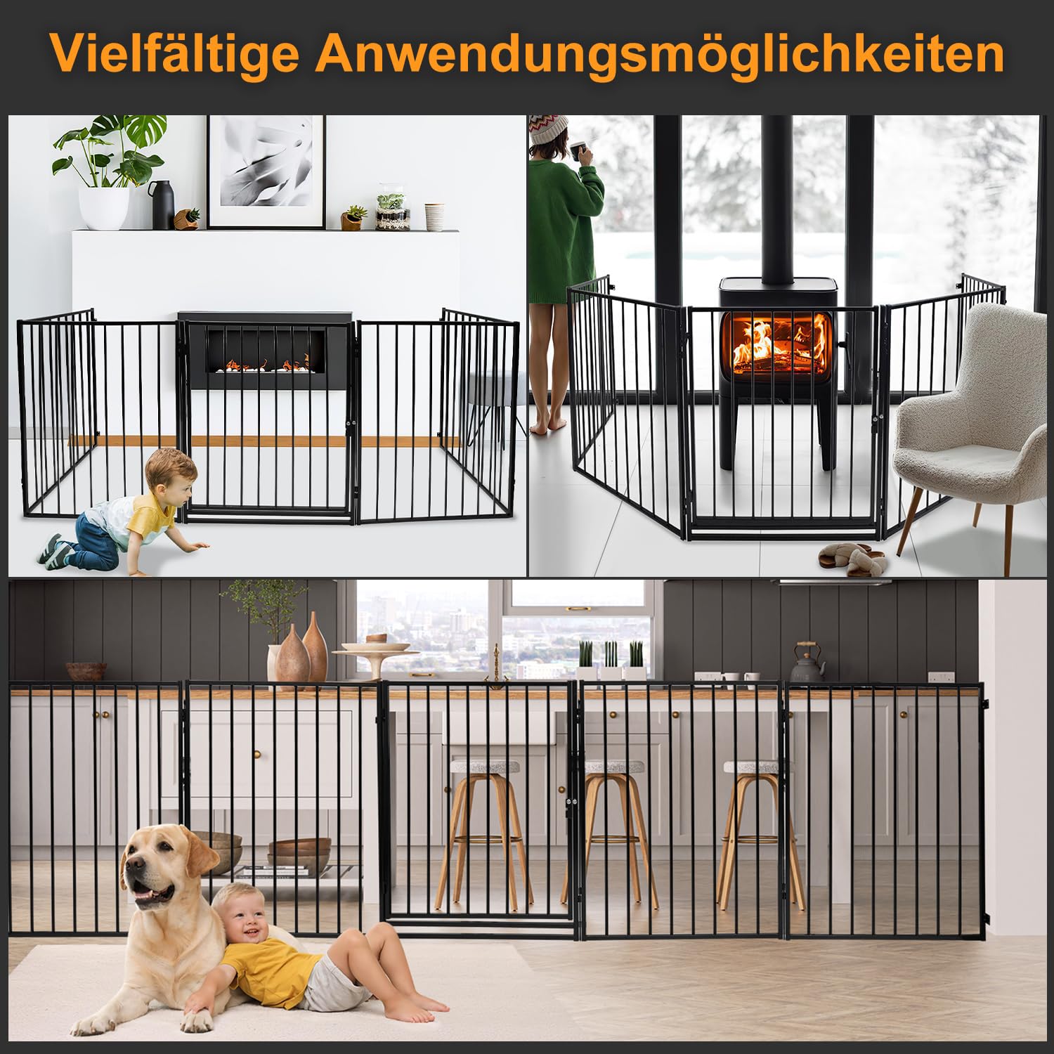 Kaminschutzgitter mit Tür Metall 304 cm | Kamingitter Absperrgitter faltbar | Tierschutzgitter | Türschutzgitter für Kinder-Sicherung | 5-teilig Elemente (je 60 x 76 cm) Schwarz