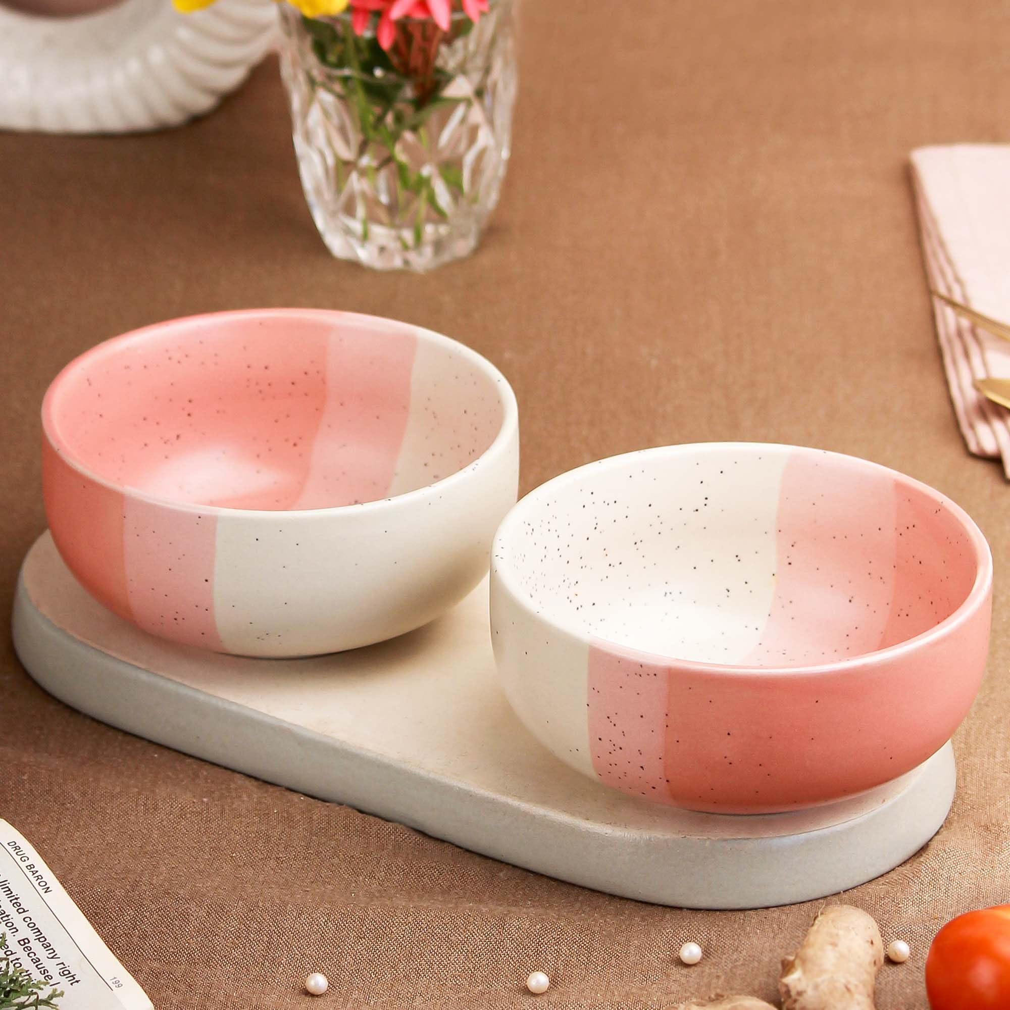 The Earth Store TT Pink Matte 500ML Ceramic Bowl Dishwasher & Microwave Safe Bowl Mixing Bowl for Snacks, Pasta, Rice, Dal, Fruits, Salad, Noodles, Maggi and More Serving Bowl- Set of 2