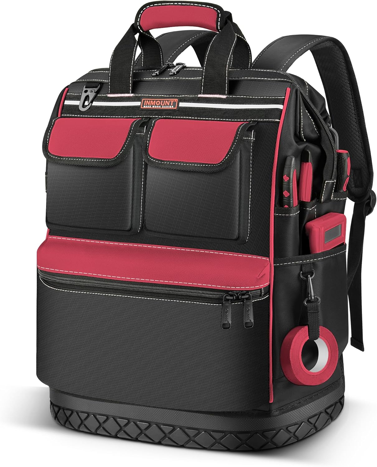 LOKASS Pink Tool Bag for Women, Wide-open Tool Backpack with Double-opening Metal Zipper, Waterproof Tool Storage Tote Bag for Female Workers-Large