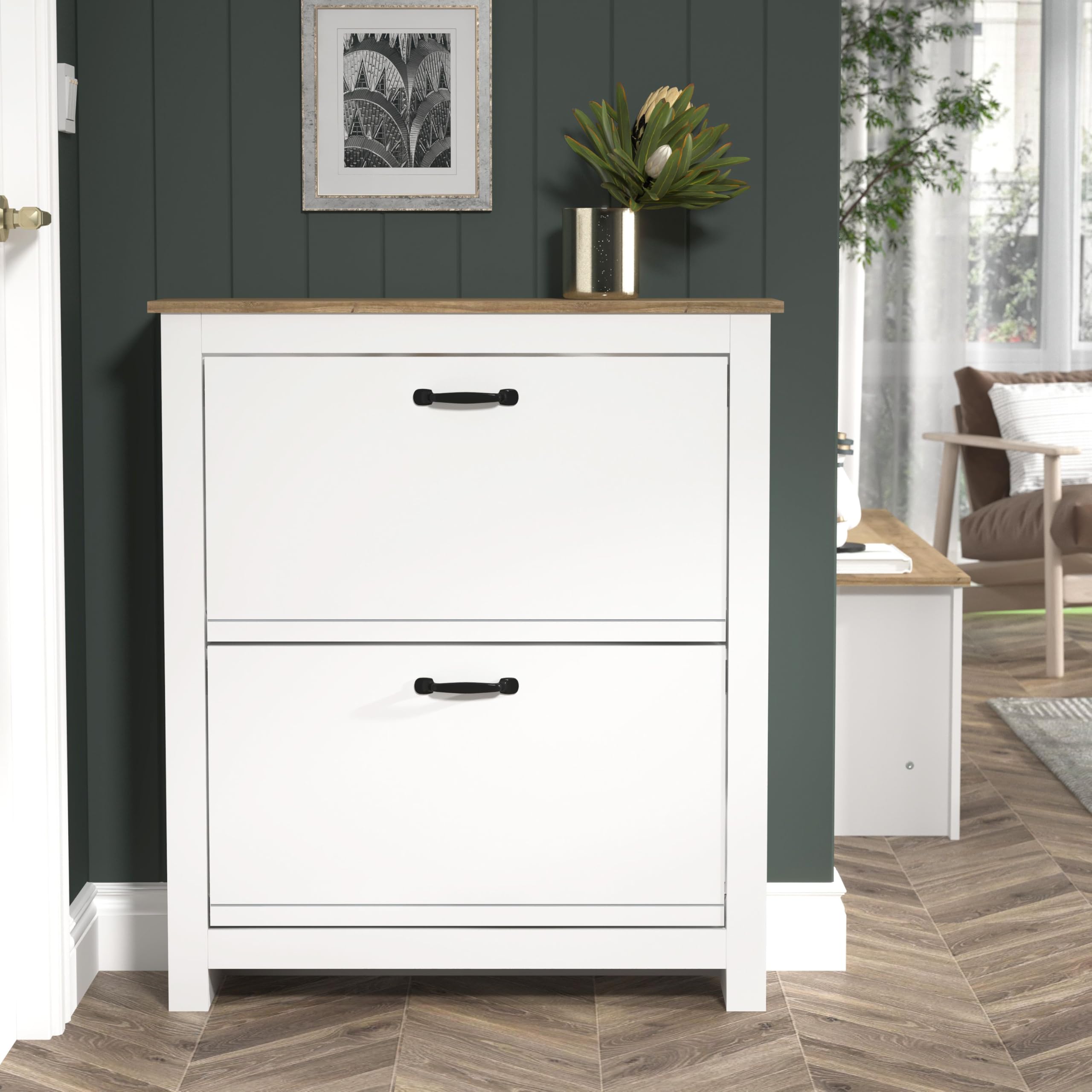 Meuble à chaussures Galano Laverton blanc et chêne avec armoire de rangement à 2 portes