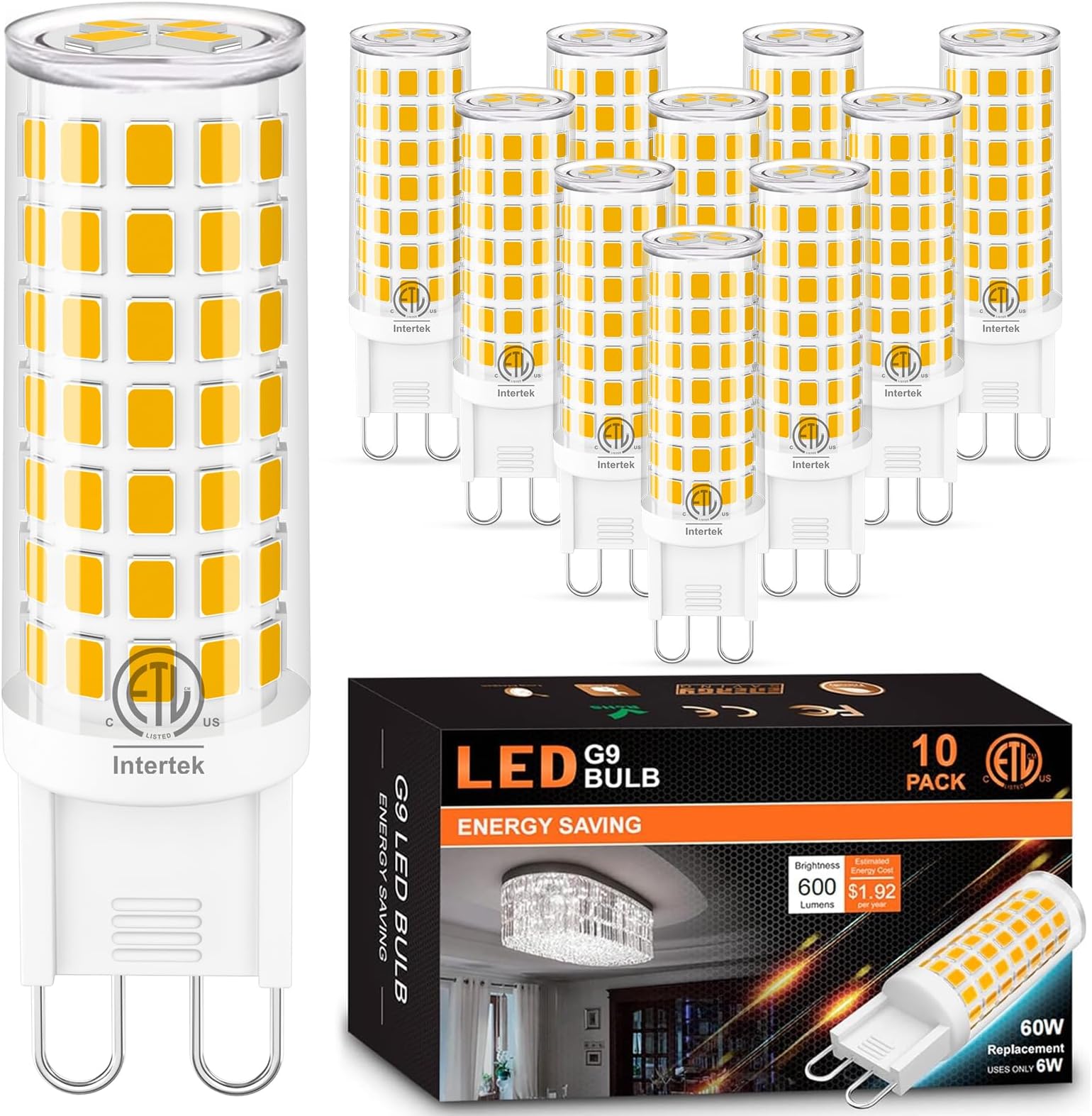 10 Pack G9 LED Bulb 3000K Warm White, T4 G9 Ceramic Bi-pin Base Light Bulbs, G9 Light Bulb Equivalent to 60W Halogen, 600Lm 120V AC 360 Degree Angle for Crystal Chandelier, Non-Dimmable