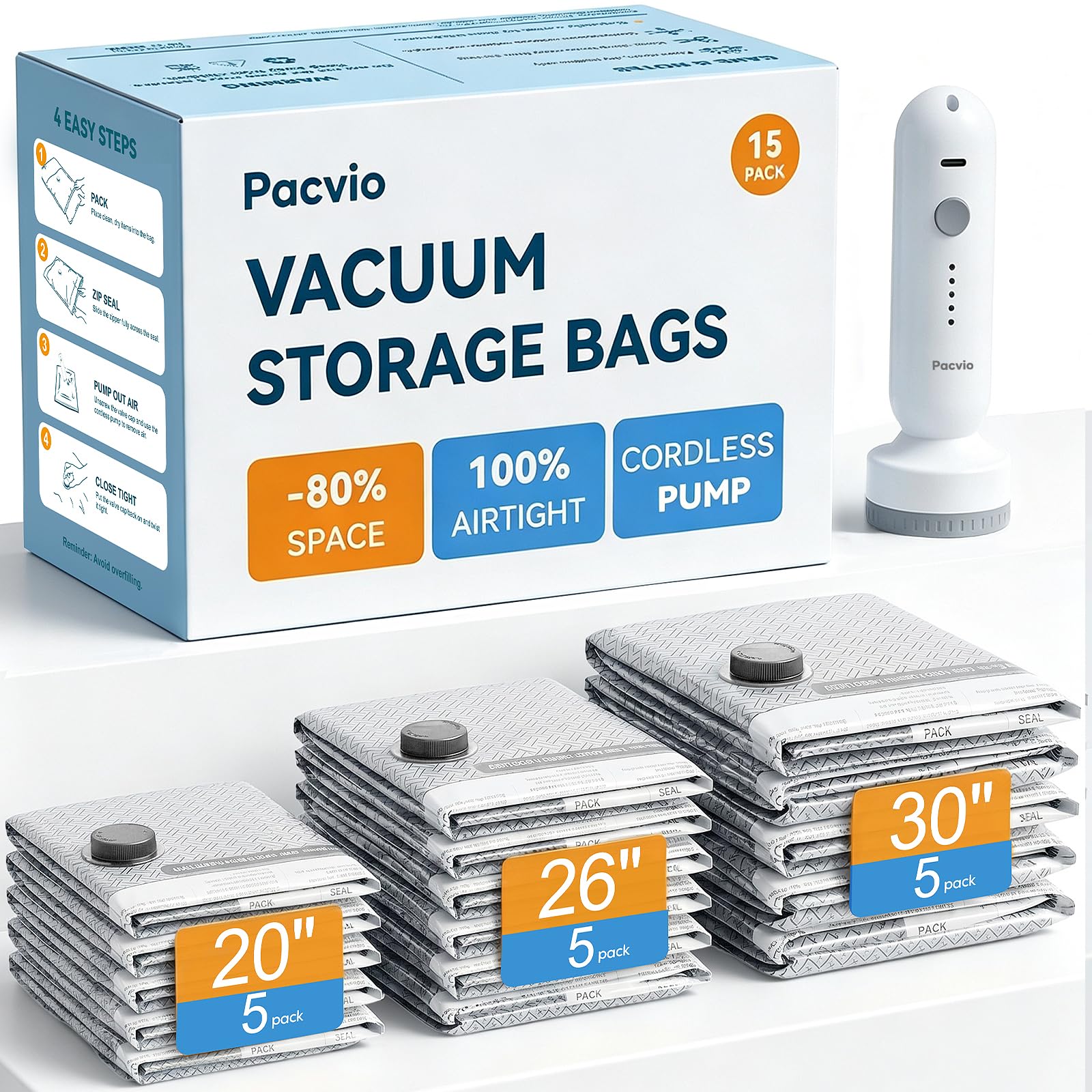 Travel Vacuum Storage Bags with Electric Pump, Airtight Space Saver Vacuum Seal Bags for Clothes and Luggage Packing, Small Medium Large Compression Bags for Blankets, 15 Pack