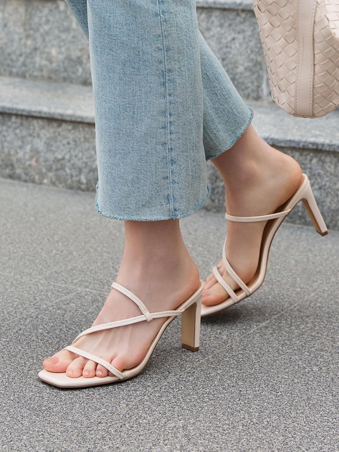 Coutgo Womens Strappy Chunky Heels Sandals Square Open Toe Slide Sandals Slip On Summer Dress Shoes - Image 3