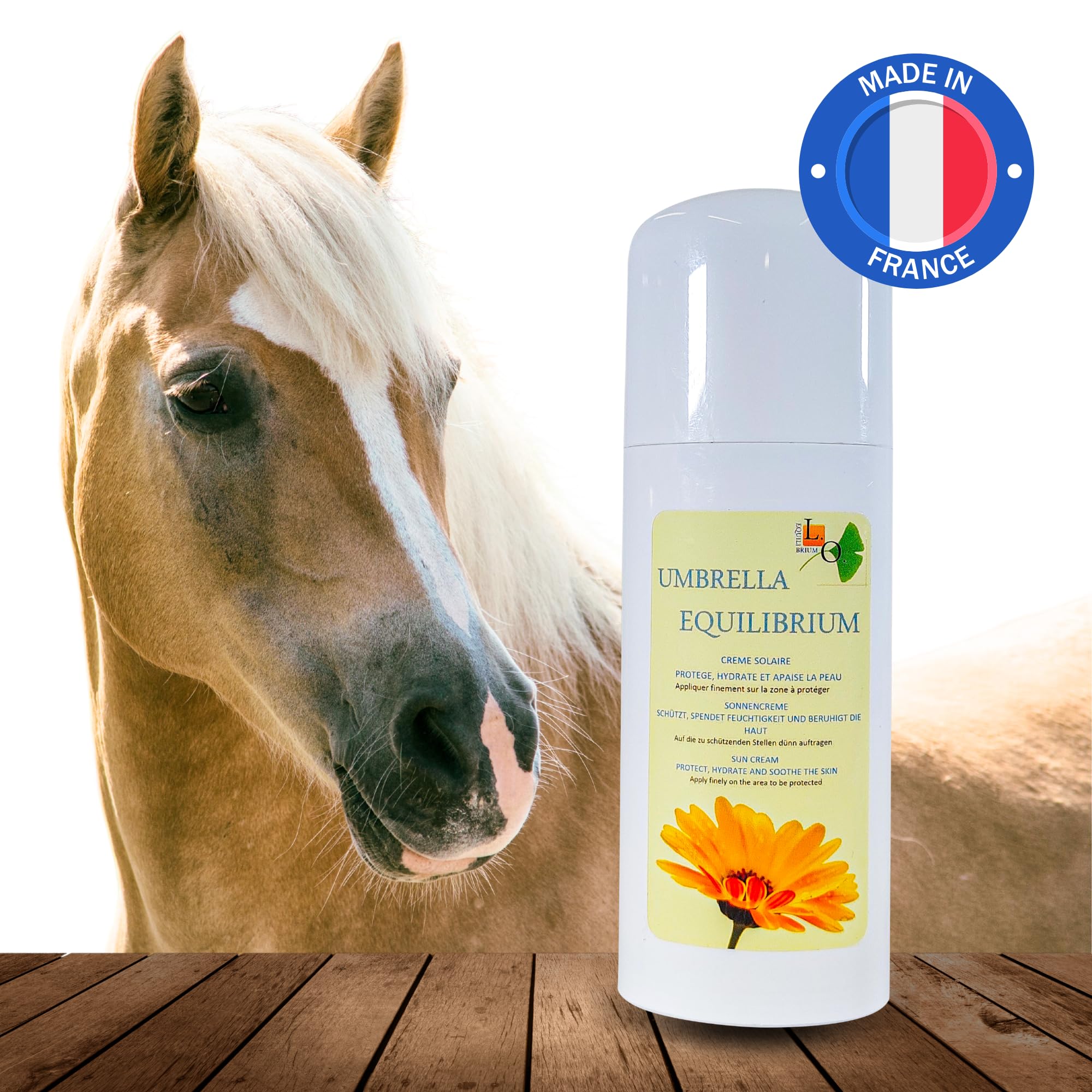 Umbrella Equilibrium -2en1 - Crème Protection Solaire UV et après Soleil Naturel pour Cheval - A Base de Calendula, Carotte, germes de blé, Lavande, et filtres UV minéraux