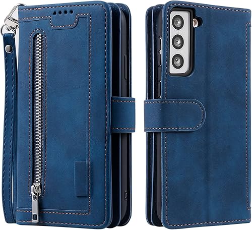 Miniatura 108 de UEEBAI Funda para Samsung Galaxy S21 FE 5G, 9 ranuras para tarjetas, cartera de cuero retro a prueba de golpes, con correa de mano, ranuras