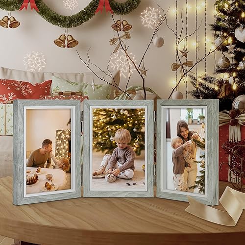 Vista 7 de Sonefreiy Marco de fotos de 4 x 6 pulgadas, 3 marcos de fotos con vidrio real, marcos de fotos plegables de madera gris para pared y mesa, regalo