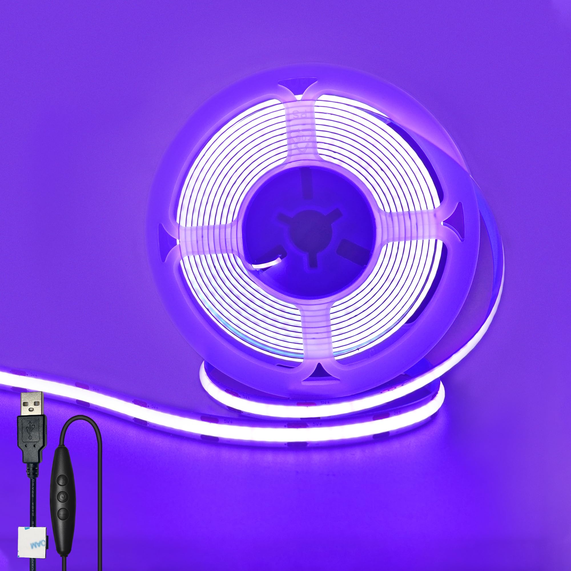 5V USB COB LED Strip Lights with Dimmable Switch Purple 8mm Width 320LEDs/m 8W/m