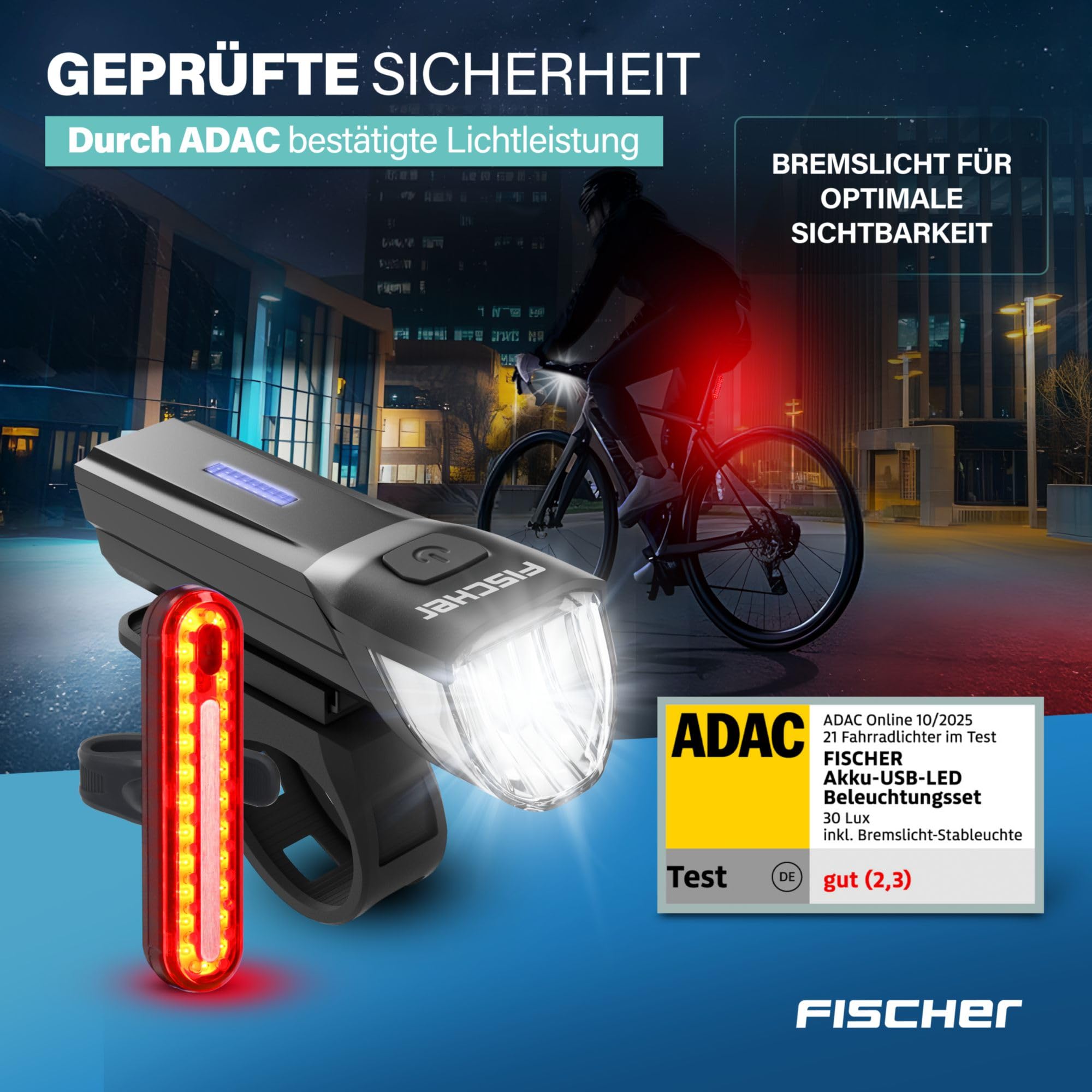 FISCHER Zestaw oświetlenia rowerowego Stop 30/15 Lux ze światłem hamowania, przednie i tylne światło, z akumulatorem i funkcją ładowania USB, 2 funkcje świecenia, ochrona przed pryskającą wodą zgodnie