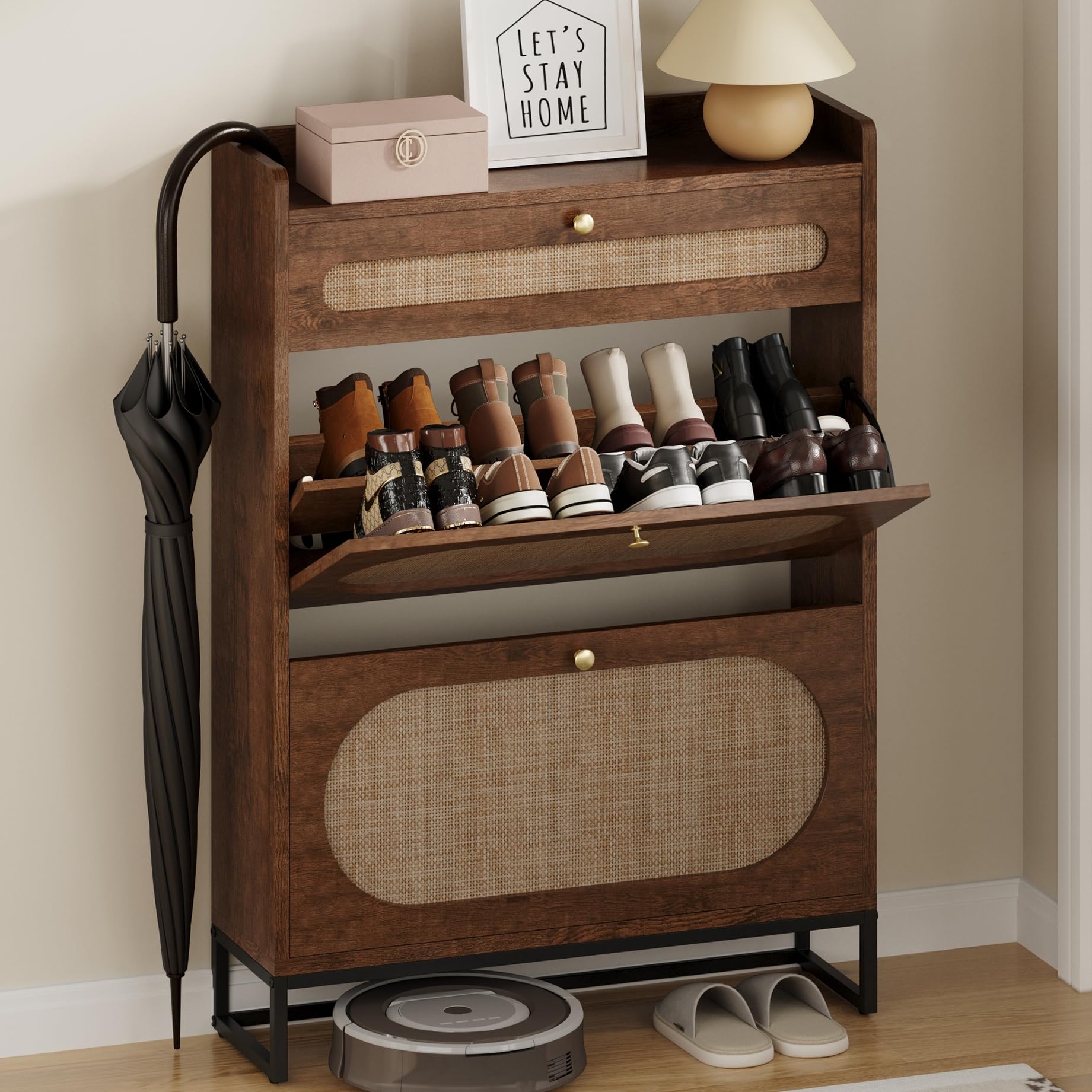 Luxstein Rattan Shoe Storage Cabinet with 2 Flip Doors & 1 Drawer, Oak