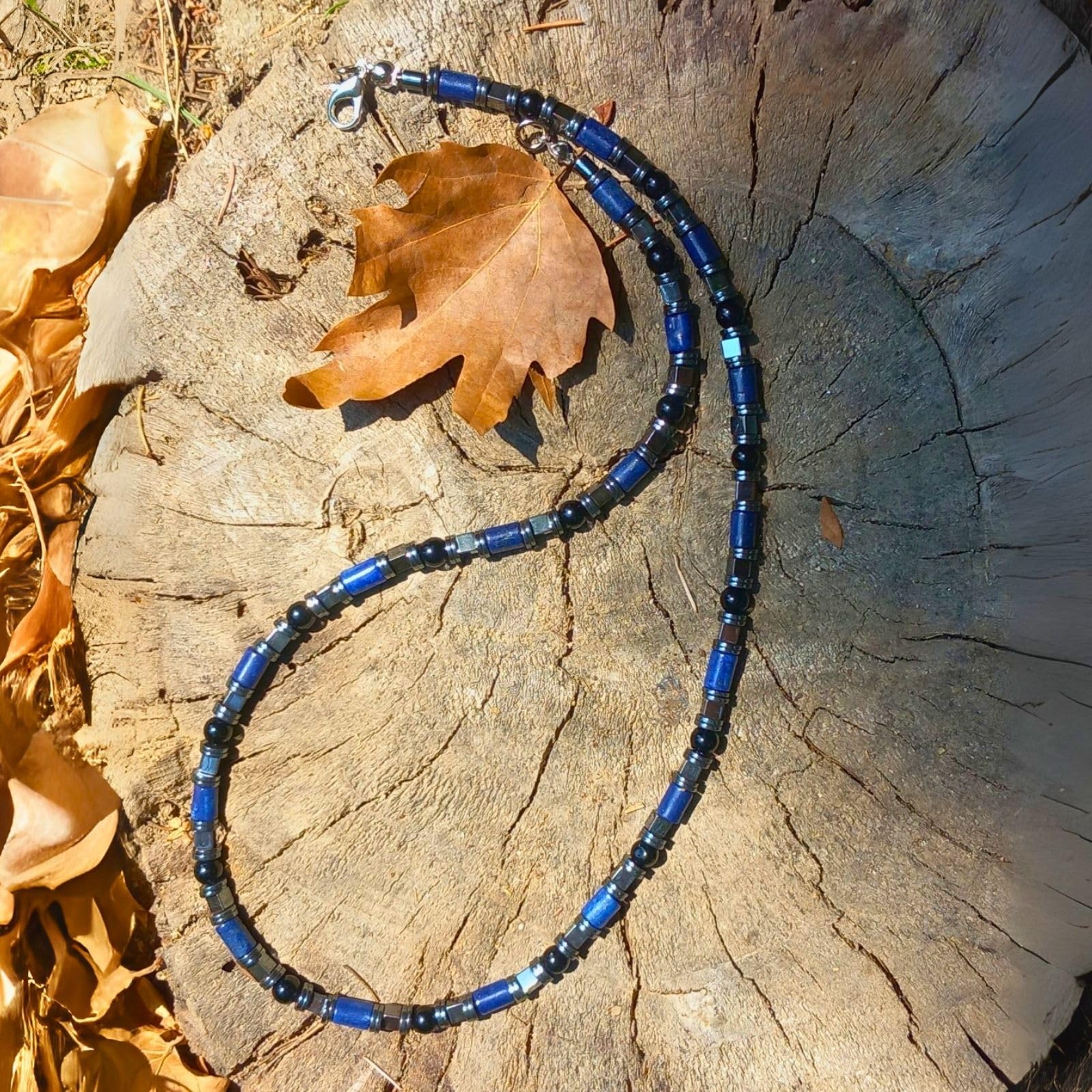 Ayrestyle Erkek Lapis Lazuli, Hematit ve Oniks Doğal Taş Kolye, 51 cm Uzun Zincir, Güç ve Denge Kolyesi - sevgililer Günü Hediyesi - Hediye Kutulu