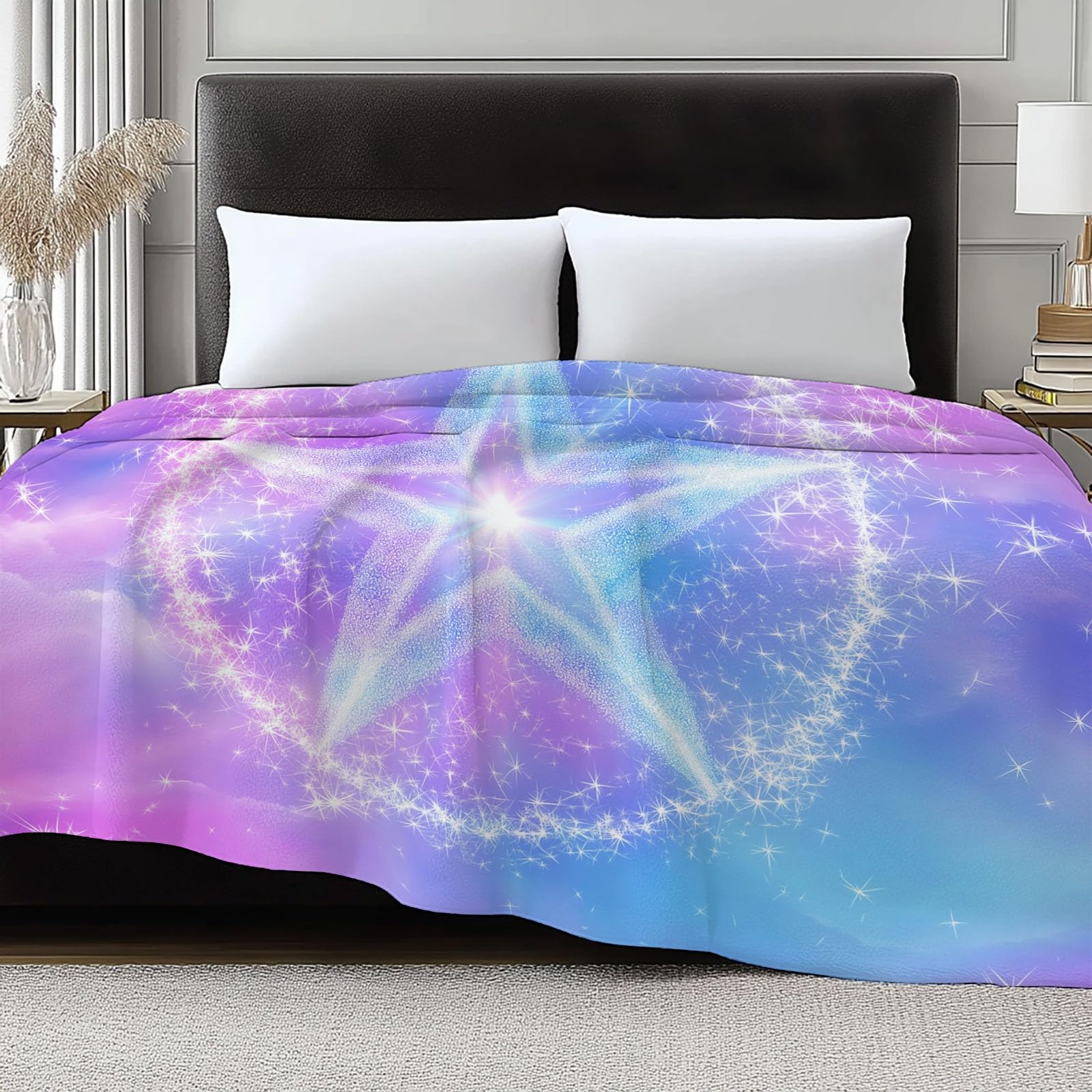 Genérico Akwarelowa Pięcioramienna Gwiazda Koc Flanelowy 220 x 240 cm Koce Sherpa, Wielokolorowe Super Puszyste Wełniane Koce Dorosłych I Dzieci Miękki Ciepły Koc Łóżko