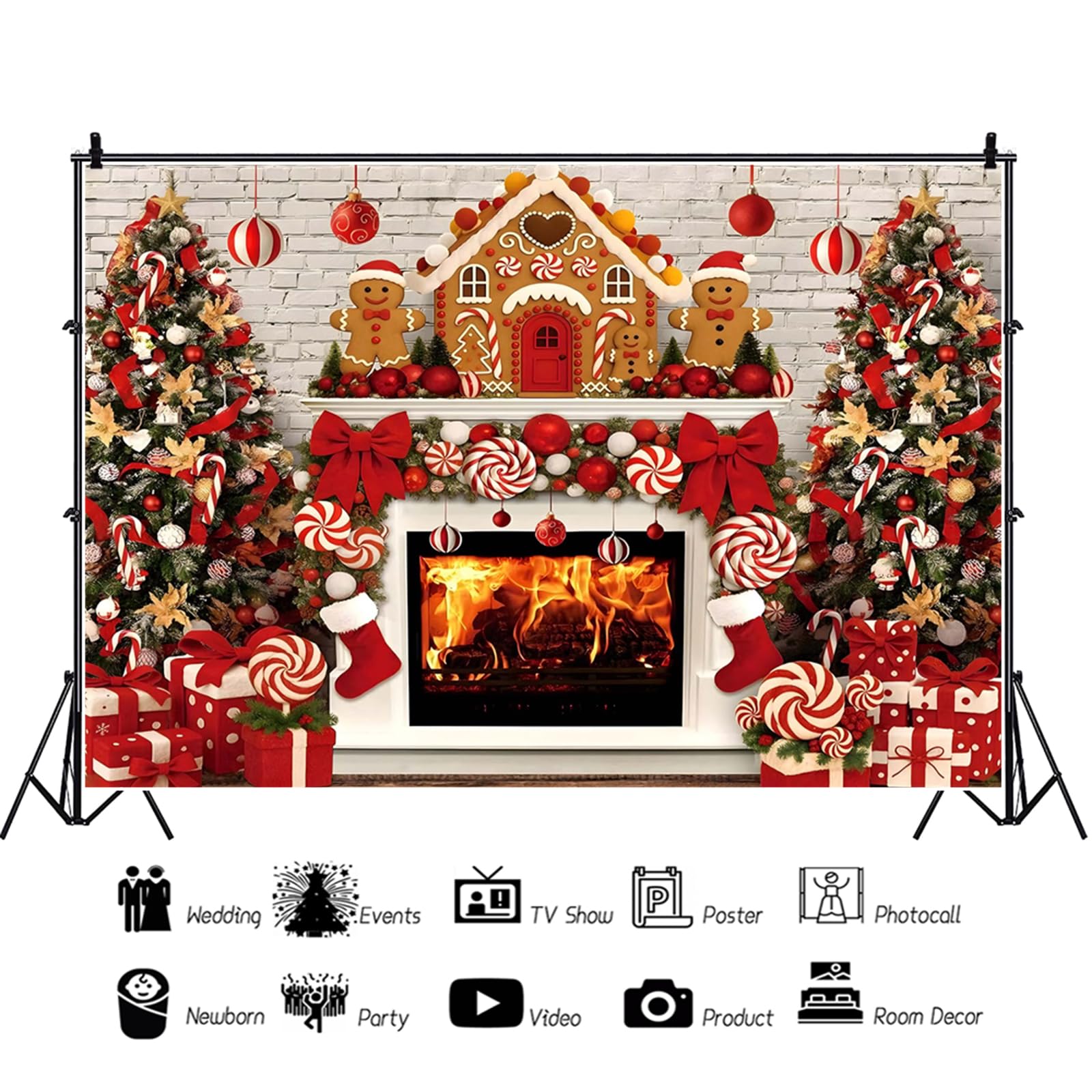 Świąteczne tło fotograficzne 3 x 2,5 m, biała cegła kominek trzcina cukrowa dom piernik Xmas skarpety zimowe fotografia tło Boże Narodzenie rodzina impreza dekoracja banery rekwizyty